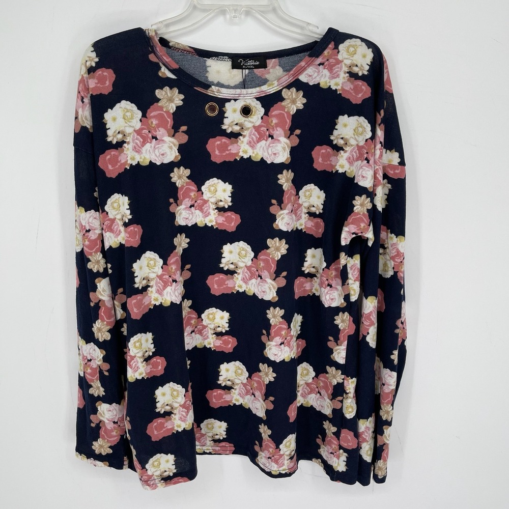 Victoria NWT Women's Navy Floral Grommet Detail Long Sleeve Knit Top Size XL-XXL